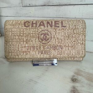 Chanel Deauville Flap Pink Tweed Wallet Snap Closure